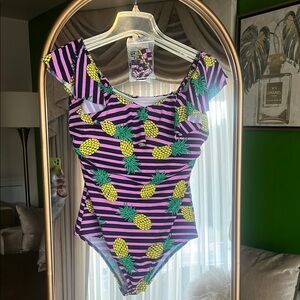 Eloquii Ruffle Off The Shoulder Pineapple Stripe Printed One-piece